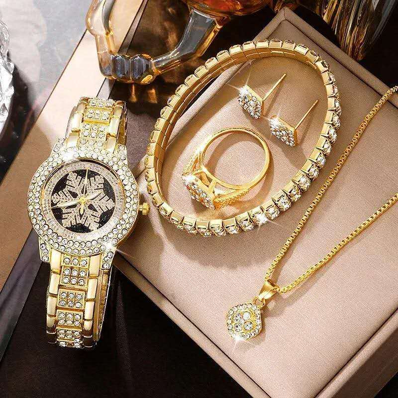 Luxury Snowflake Rhinestone Watch & Jewelry 5-Piece Set for Women – Gold Crystal Bracelet, Necklace, Ring & Earrings Gift Set