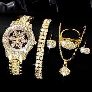 Luxury Snowflake Rhinestone Watch & Jewelry 5-Piece Set for Women – Gold Crystal Bracelet, Necklace, Ring & Earrings Gift Set