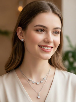 ✨ Celestial Star Layered Necklace & Earrings Jewellery Set – Gold/Silver Plated CZ Star Fashion Set ✨